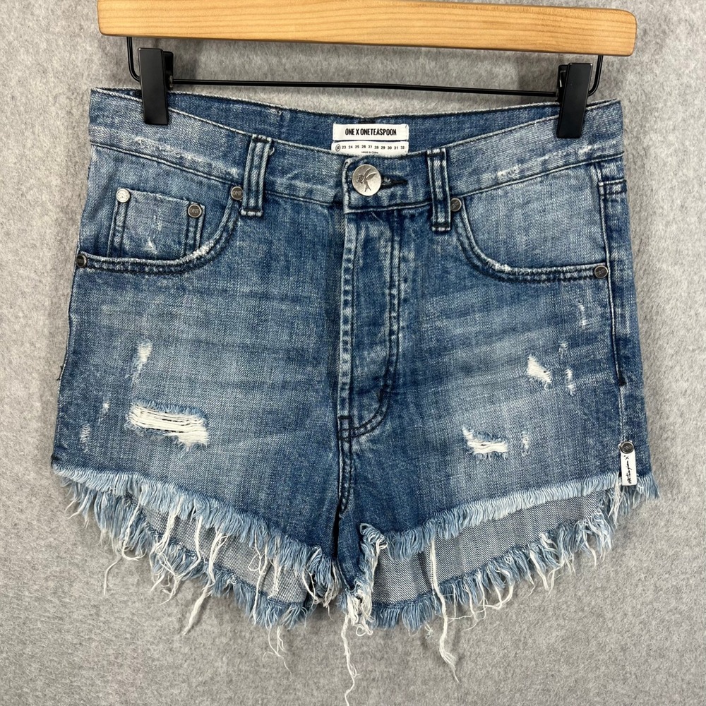 One Teaspoon Distressed Blue Denim Jean Shorts with Frayed Hem